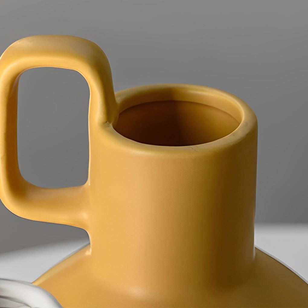 Round Ceramic White Yellow Flower Vases with Single Handle