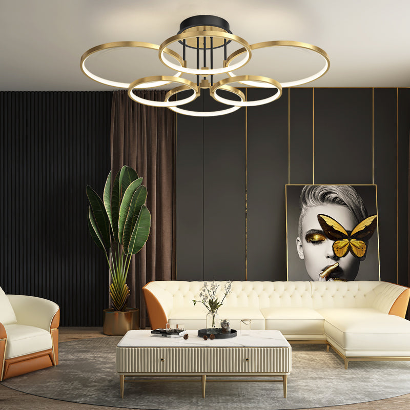 3/5/6 Rings Three Step Dimming Gold Modern Ceiling Lights with Leather - Dazuma
