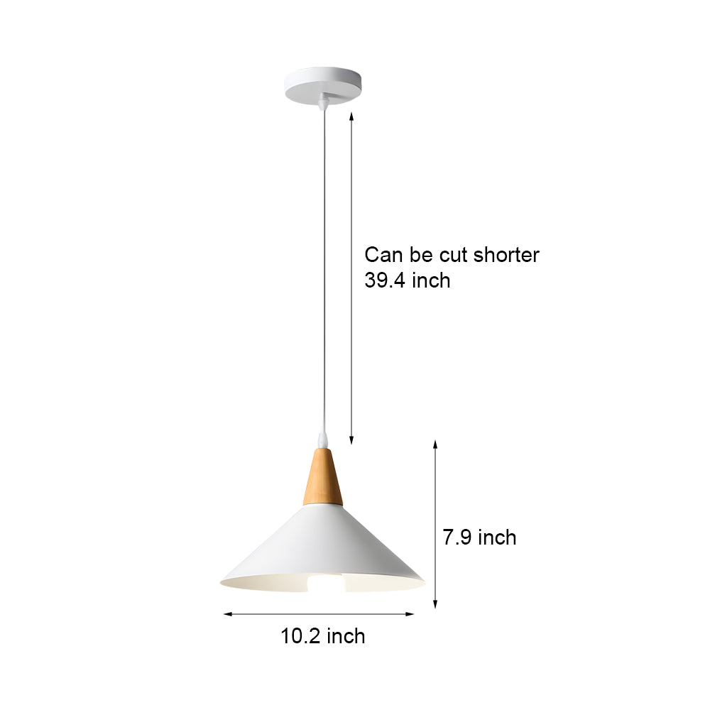 White 1-Light Nordic Metal Cone Pendant Light with Wood Top