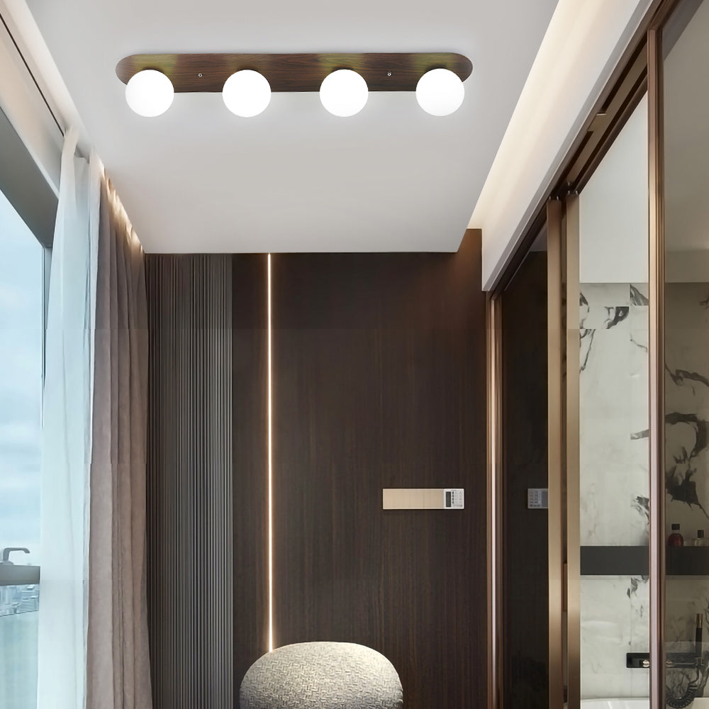 Flush Mounted Walnut Board Ceiling Light with 2/3/4 Milky White Glass Globes