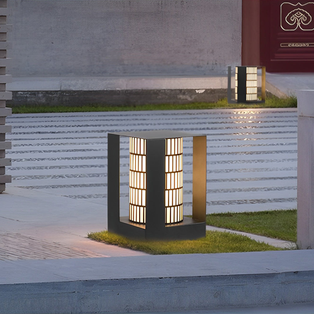 Four-Panel Cylinder Lantern LED Black Waterproof Outdoor Light with Lattice Pattern