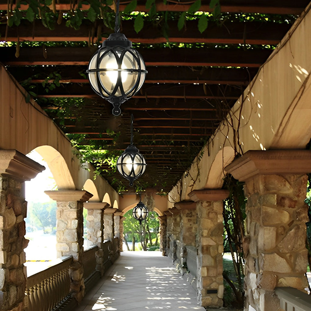 Metal Orb Pendant Light for covered porch and outdoor patio ceiling lighting