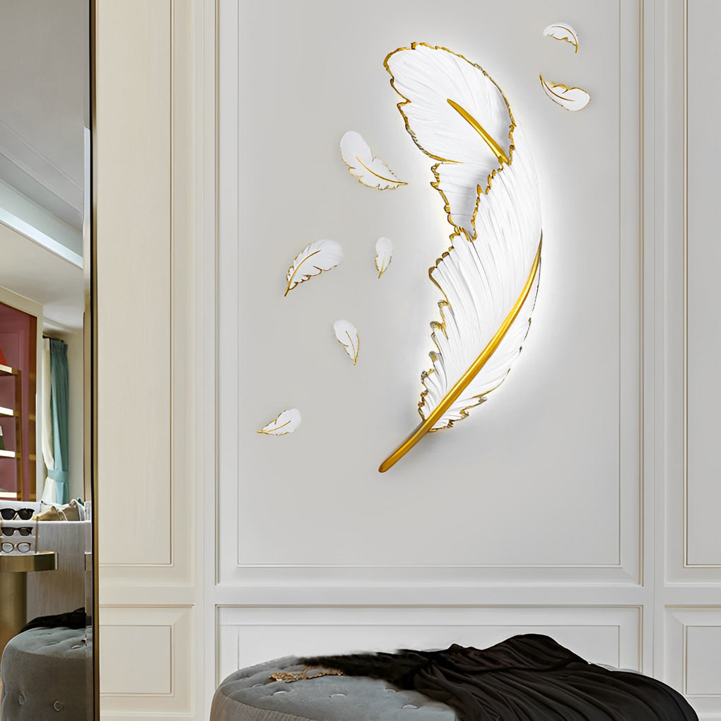 Modern Art Decorative Resin Feather Dimmable White Wall Sconces with LED Strip