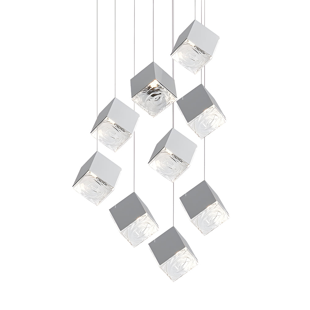 Glass Square Cube Stainless Steel LED Modern Spiral Long Chandelier
