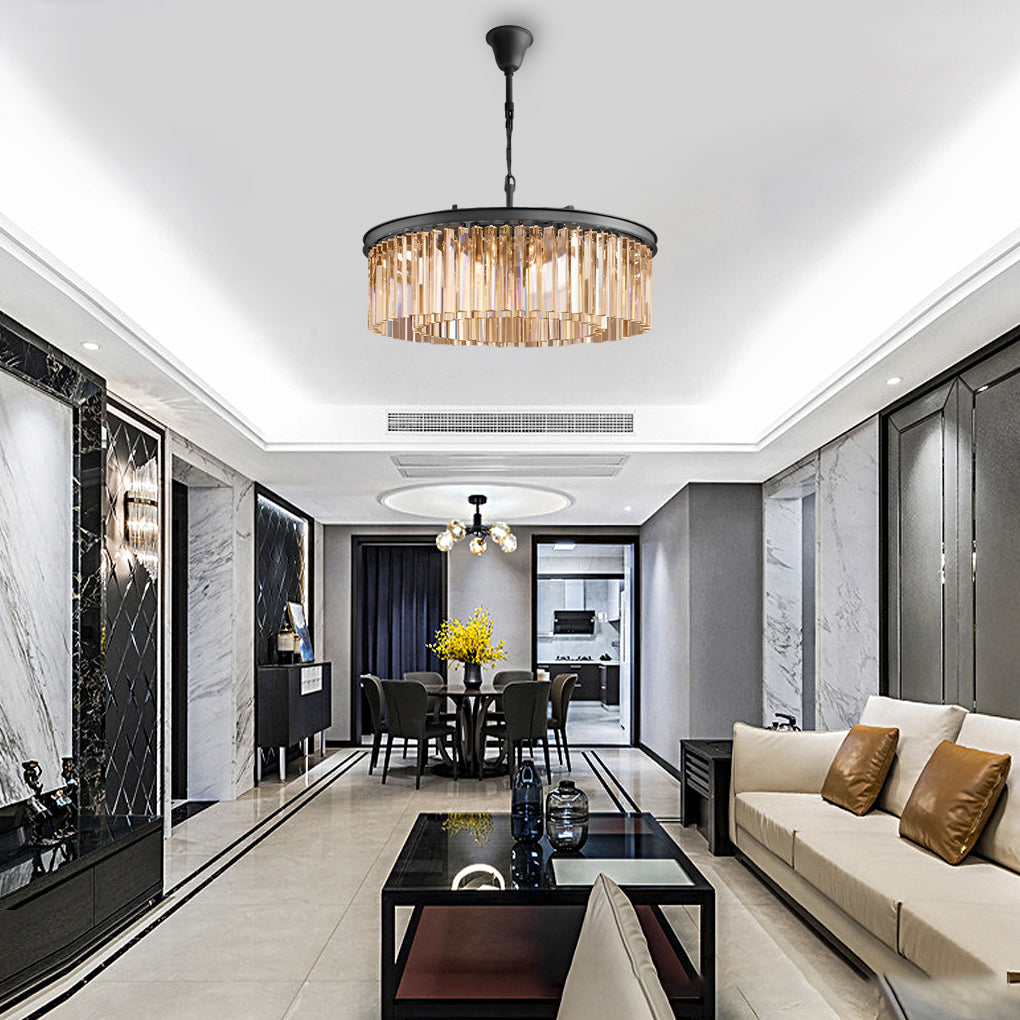 Round Metal Crystal Strip Retro American Style Chandelier Pendant Lamp - Dazuma
