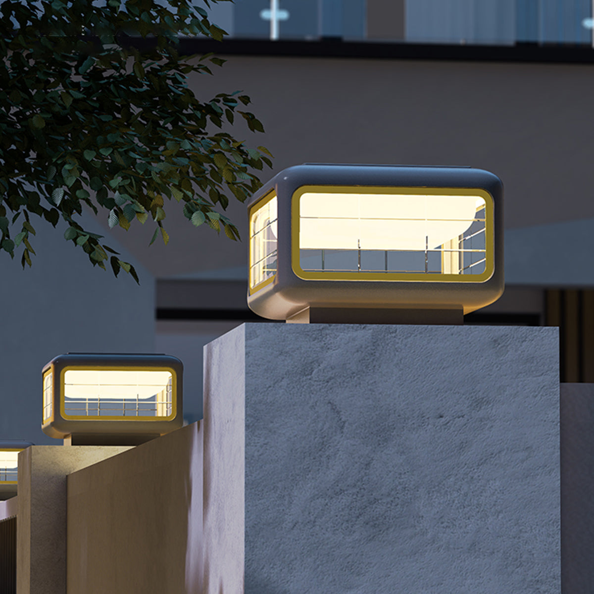 Stylish cube solar light creating atmospheric lighting in residential garden setting