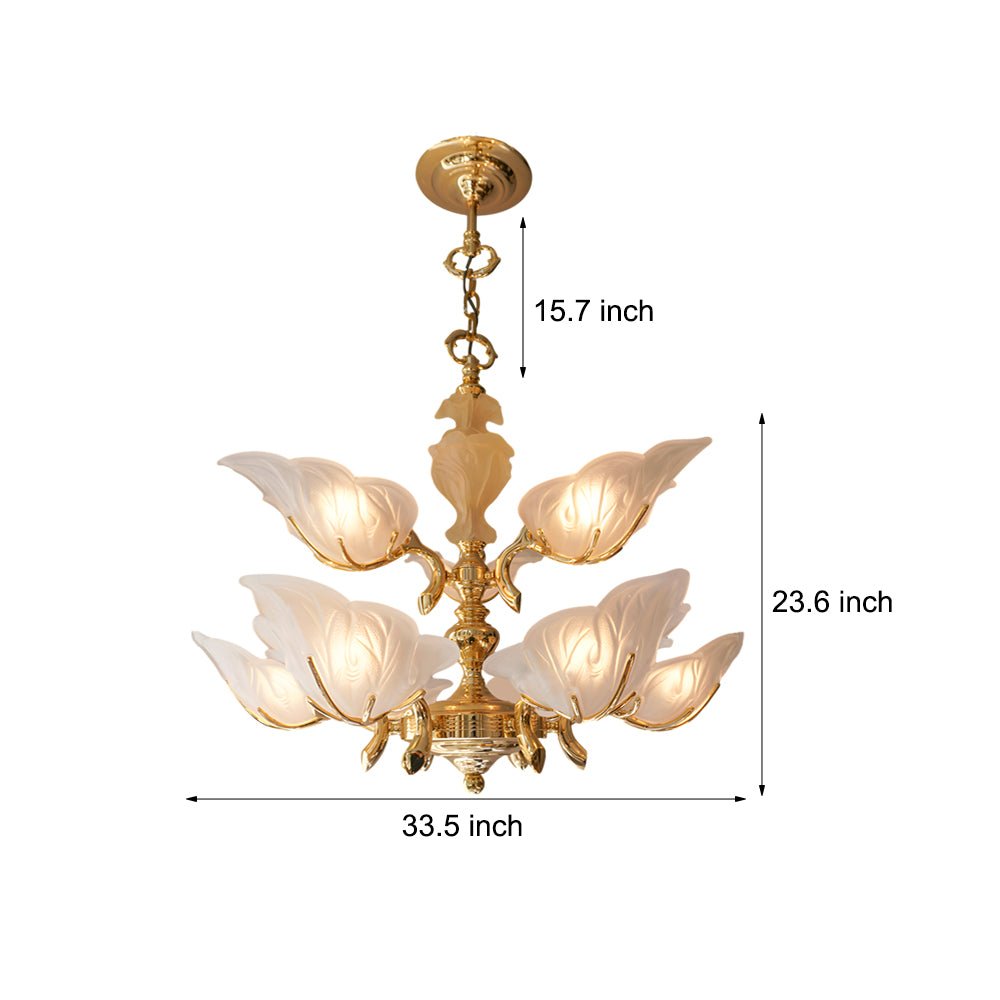 9 - Light Italian Chandelier in Brass with Murano Glass Leaves