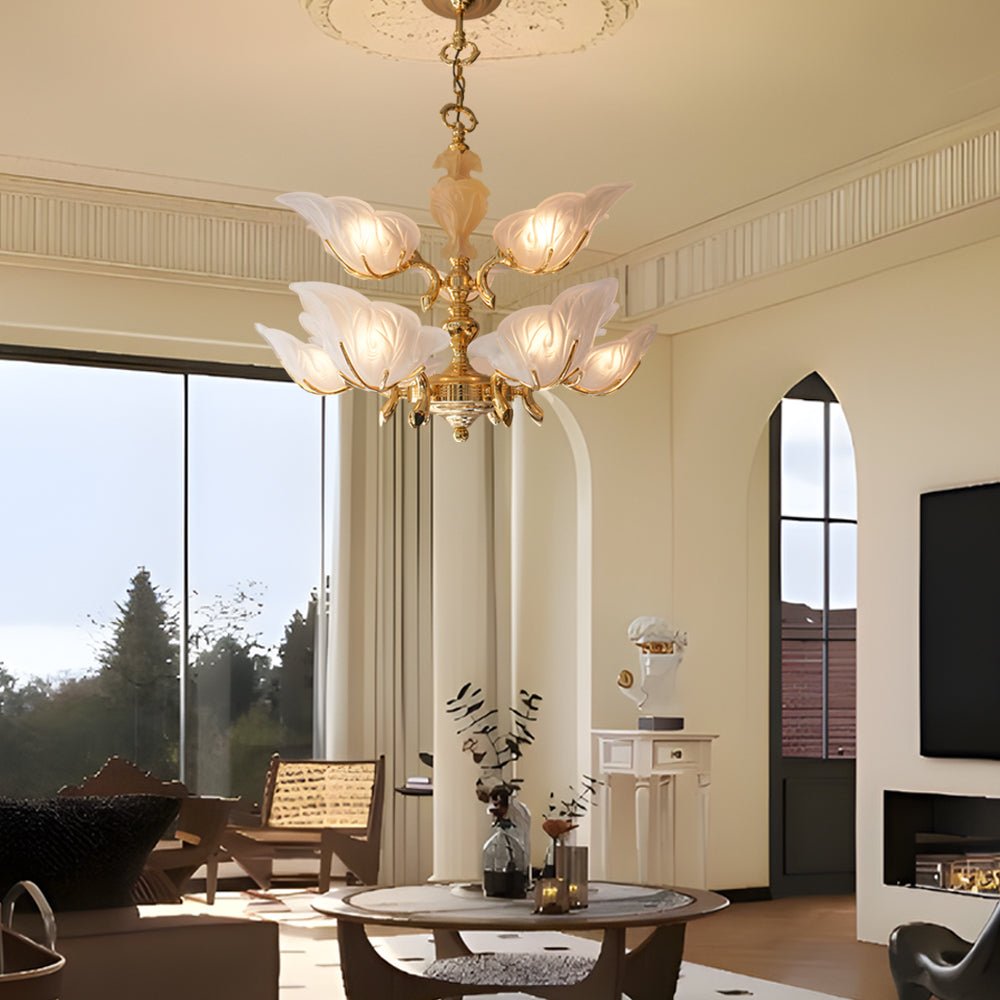 9 - Light Italian Chandelier in Brass with Murano Glass Leaves