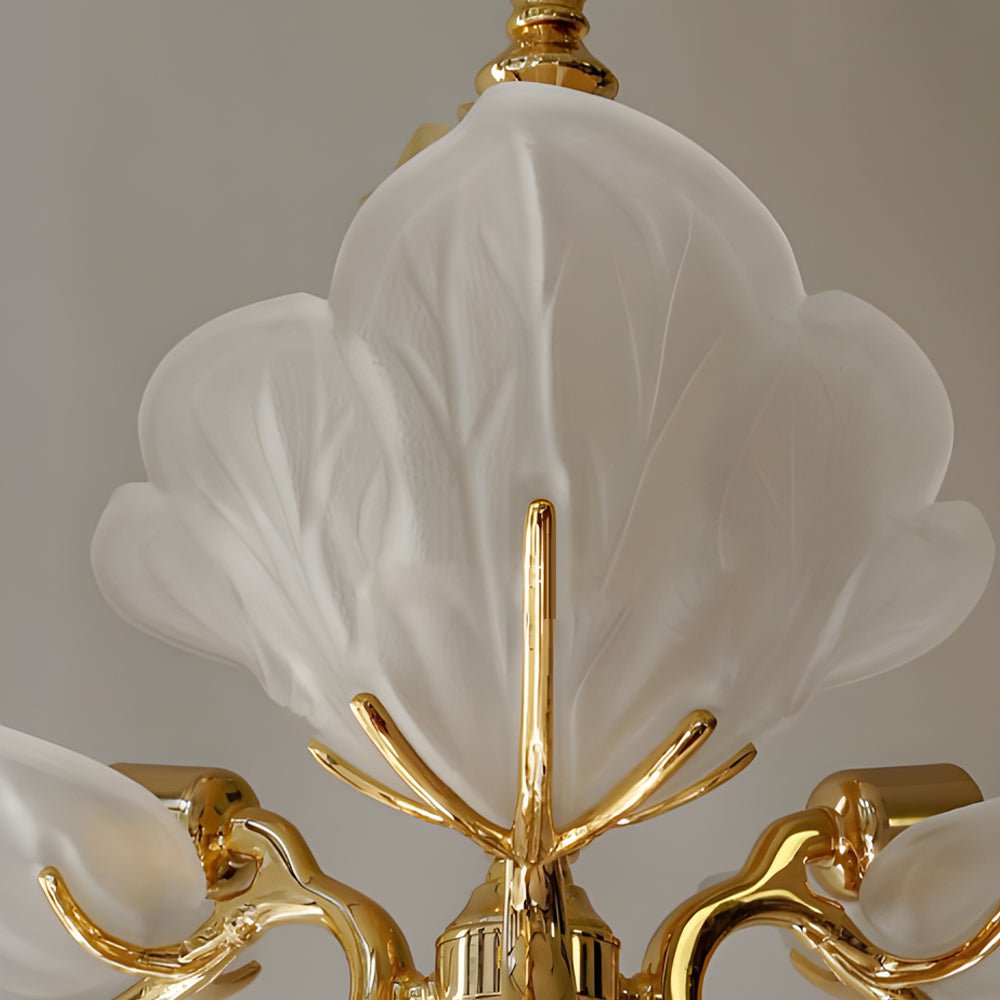 9 - Light Italian Chandelier in Brass with Murano Glass Leaves