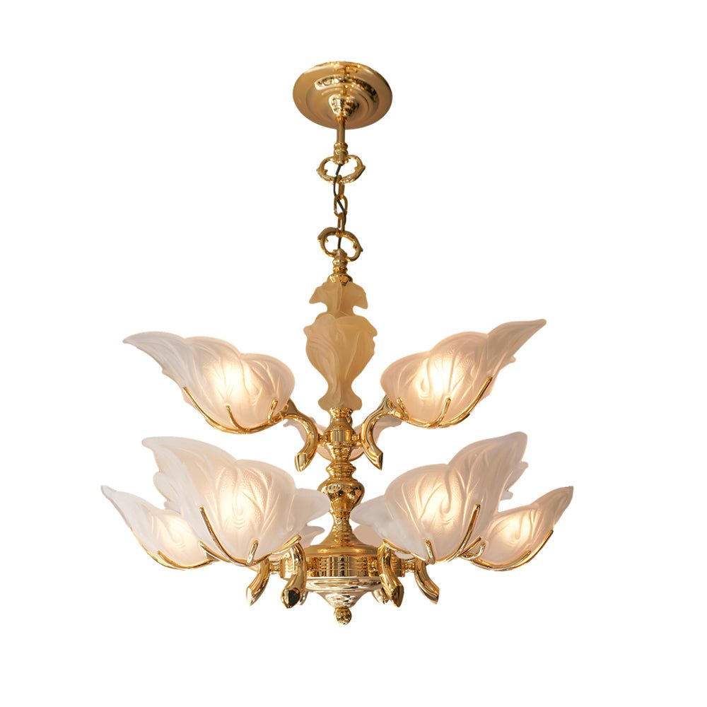 9 - Light Italian Chandelier in Brass with Murano Glass Leaves