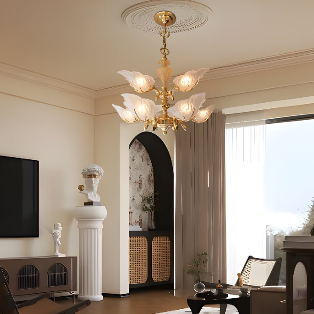9 - Light Italian Chandelier in Brass with Murano Glass Leaves