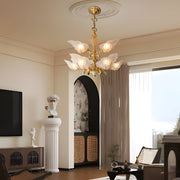 9 - Light Italian Chandelier in Brass with Murano Glass Leaves