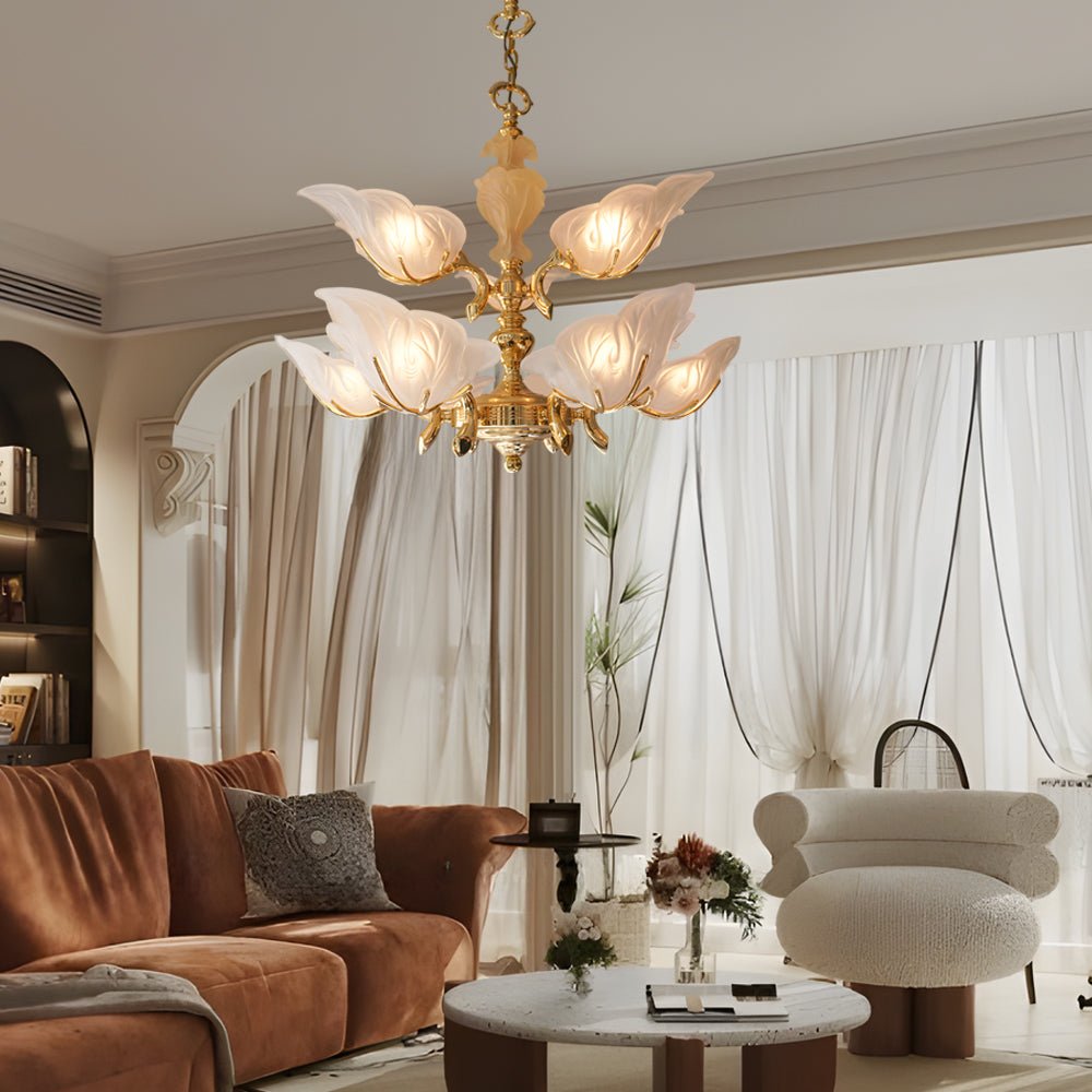 9 - Light Italian Chandelier in Brass with Murano Glass Leaves