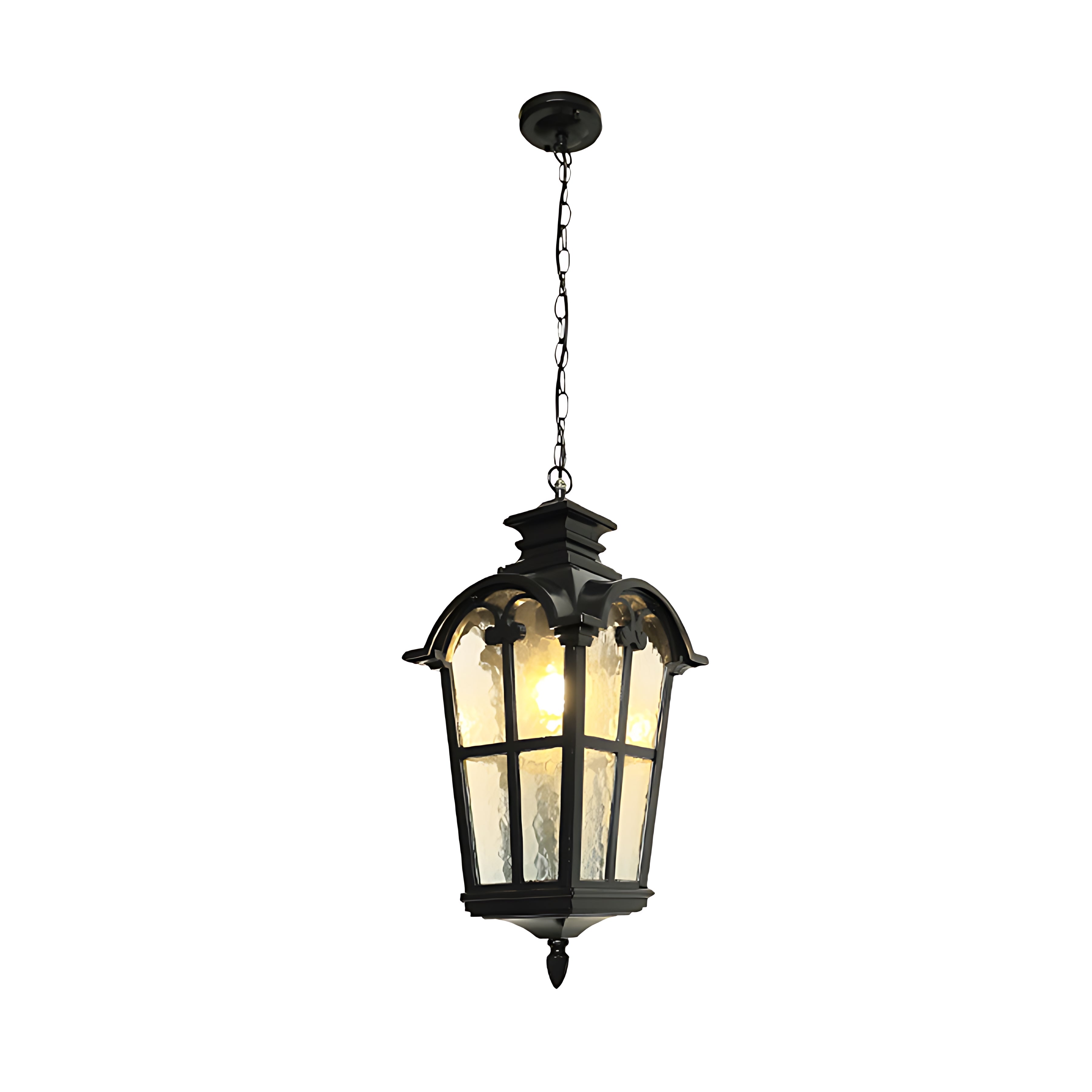 Traditional hanging pendant light with amber glow in rustic stone interior