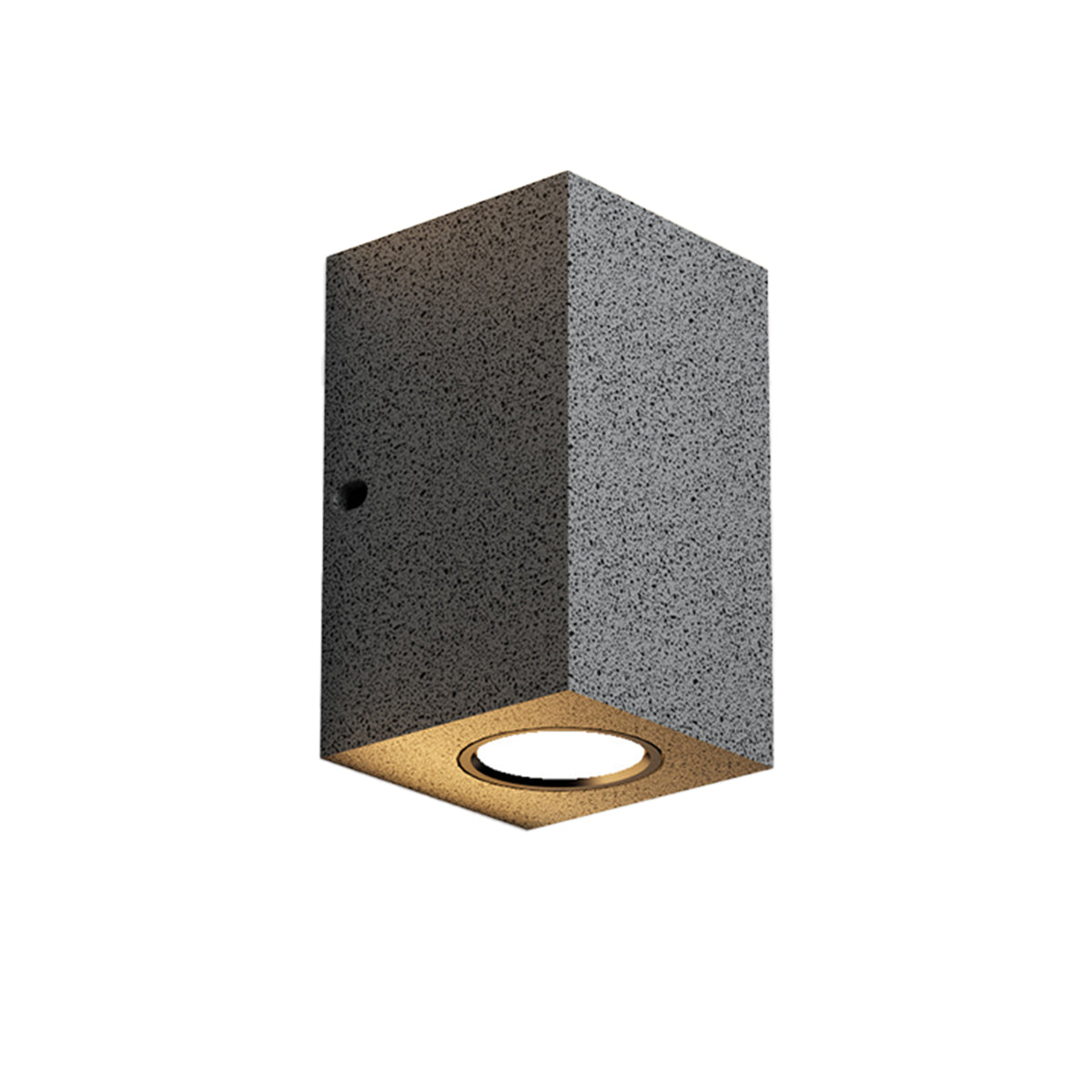 Square concrete outdoor light creating focused beam pattern on modern building exterior