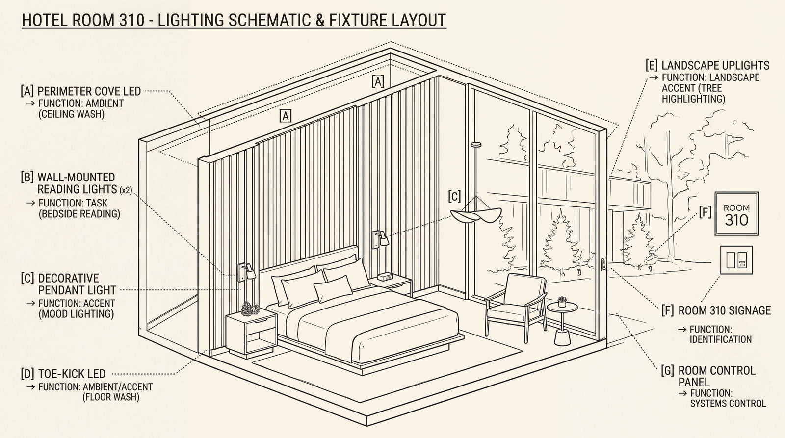Hospitality lighting project detail showing fixture integration with architectural materials