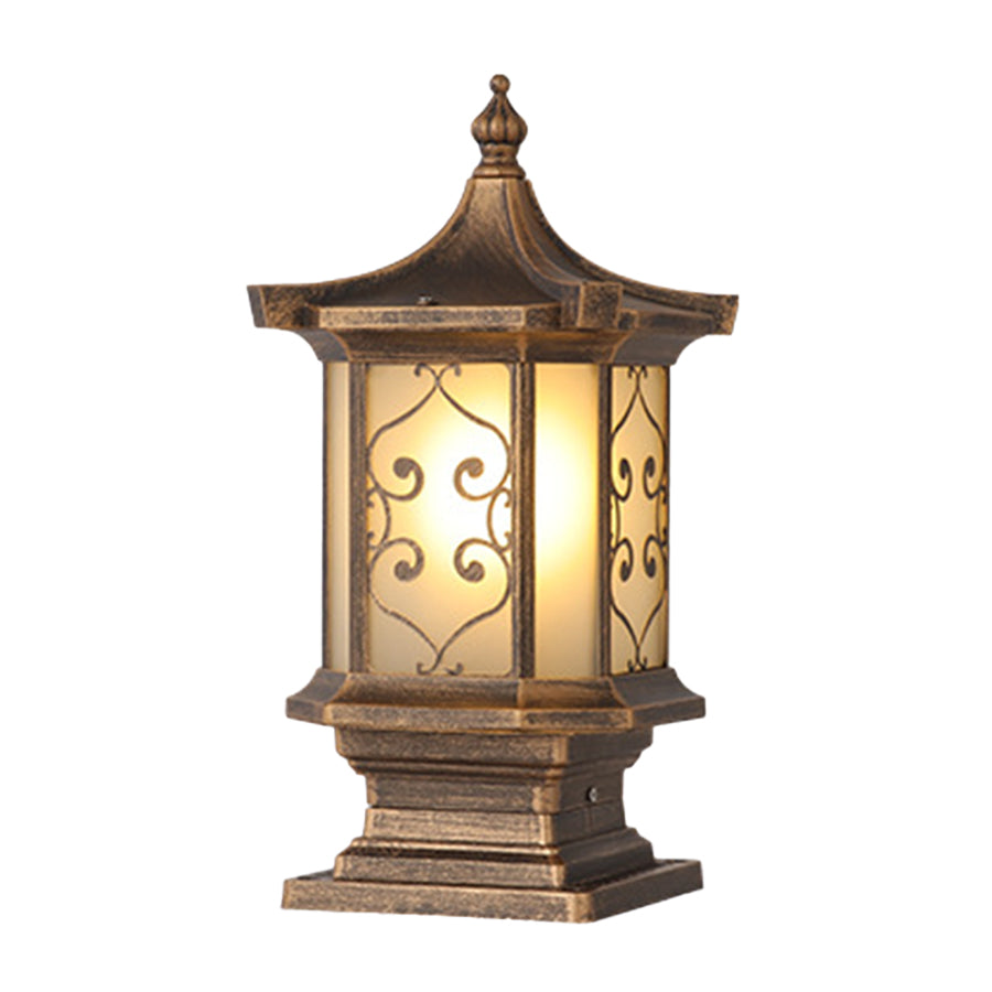 Classic outdoor lantern with swirled glass pattern and traditional black metal construction