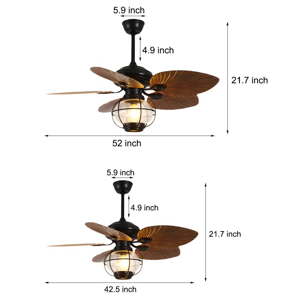 42/52-Inch LED Tropical 5 Brown Blades Reversible Ceiling Fan Light with Remote Control