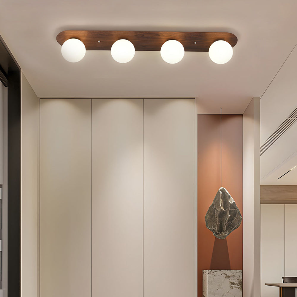 Long Ceiling Light in Walnut with 2/3/4 Milky White Glass Globes - Dazuma