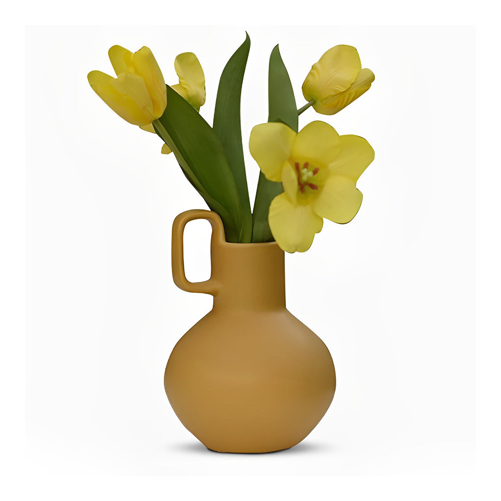 Round Ceramic White Yellow Flower Vases with Single Handle
