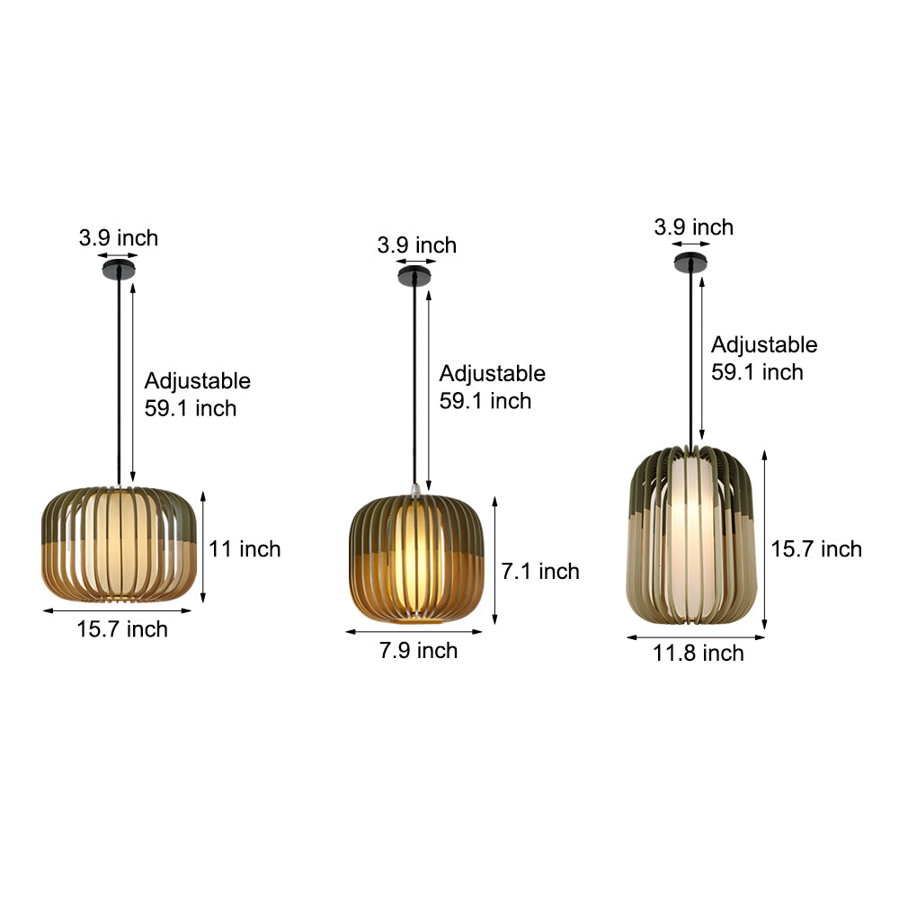 Wood Lantern Fabric Lampshade LED Minimalist Japanese Style Chandelier