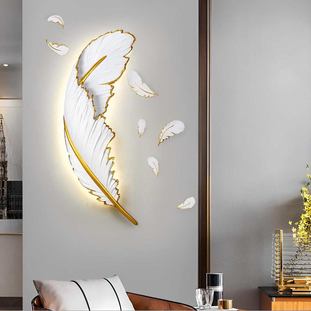 Modern Art Decorative Resin Feather Dimmable White Wall Sconces with LED Strip