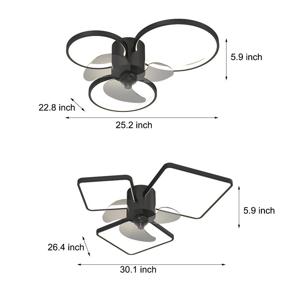 Square Round Rings Three Step Dimming LED Silent Modern Ceiling Fans Lamp