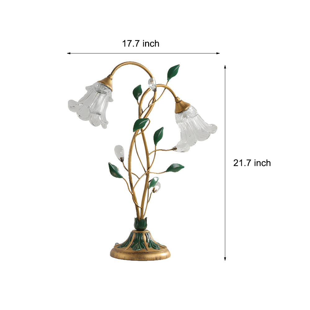 2 Lights Dimmable Glass Flowers Floral Table Lamp with Green Leaves