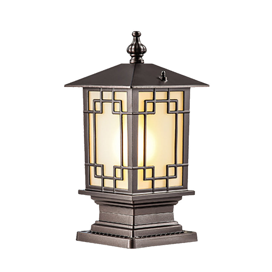 Mission-style post light with geometric glass panels and craftsman-inspired metalwork design