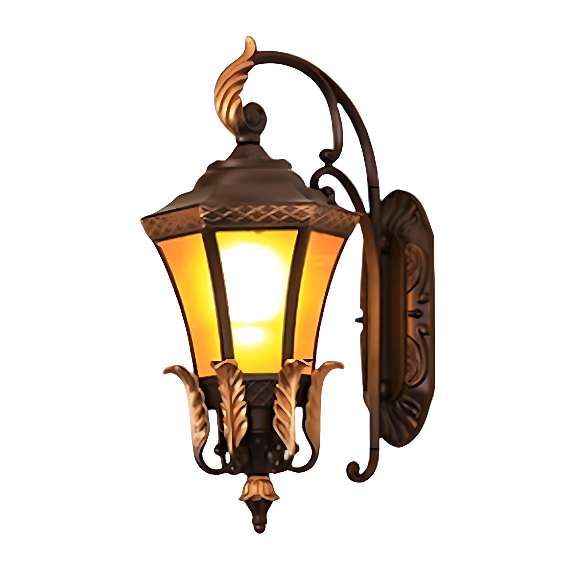 Artistic detail of decorative lantern featuring bronze leaf elements and ornate metalwork typical of classical outdoor lighting