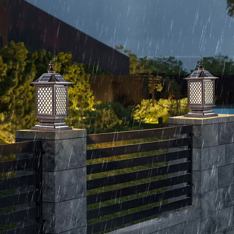 Mission-style post light with geometric glass panels and craftsman-inspired metalwork design