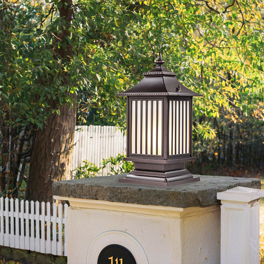 Mission-style post light with geometric glass panels and craftsman-inspired metalwork design