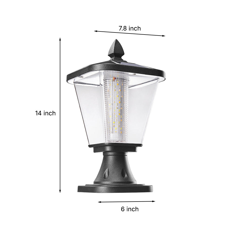 Technical specification drawing showing dimensions and measurements for outdoor post light fixture