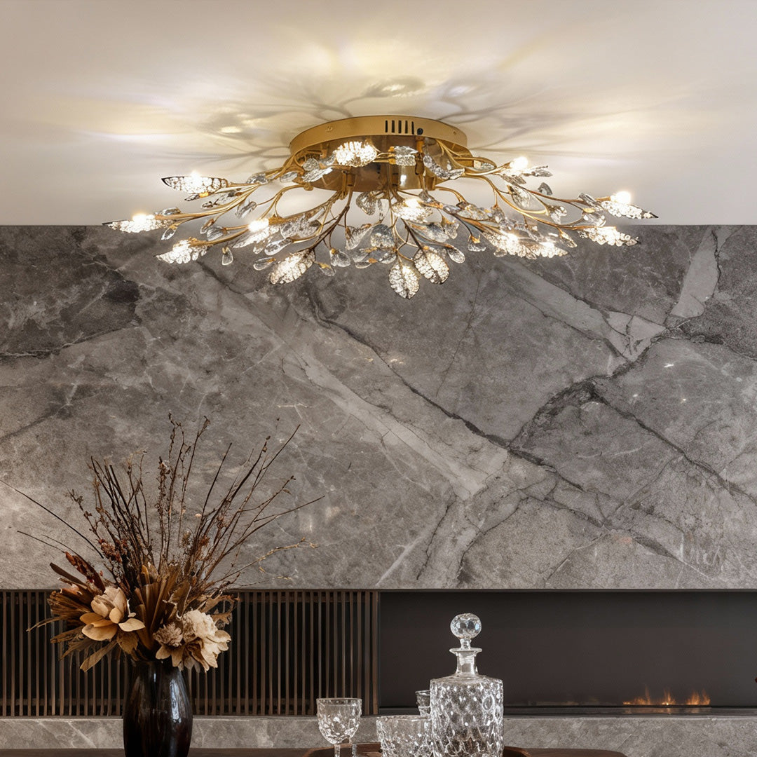 Crystal Leaves Brushed Flush Mount Ceiling Chandelier