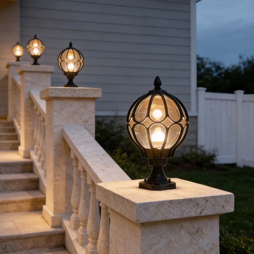 Outdoor Globe Pillar Lights Retro Glass Globe Copper Fence Post Light