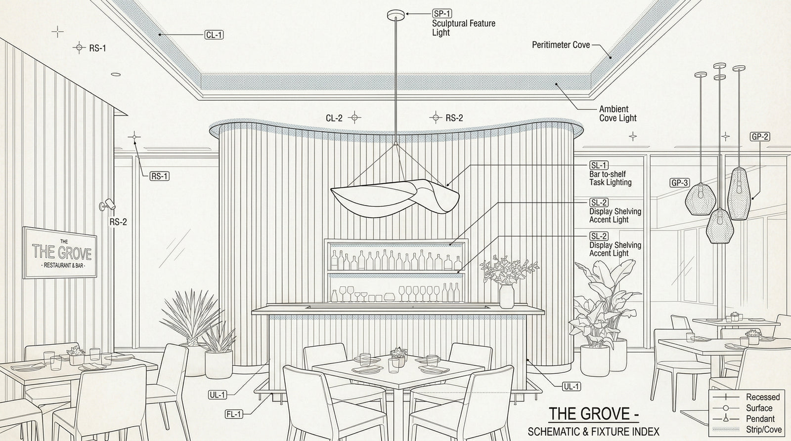 Hospitality interior lighting view showing pendant placement for reception and lounge comfort