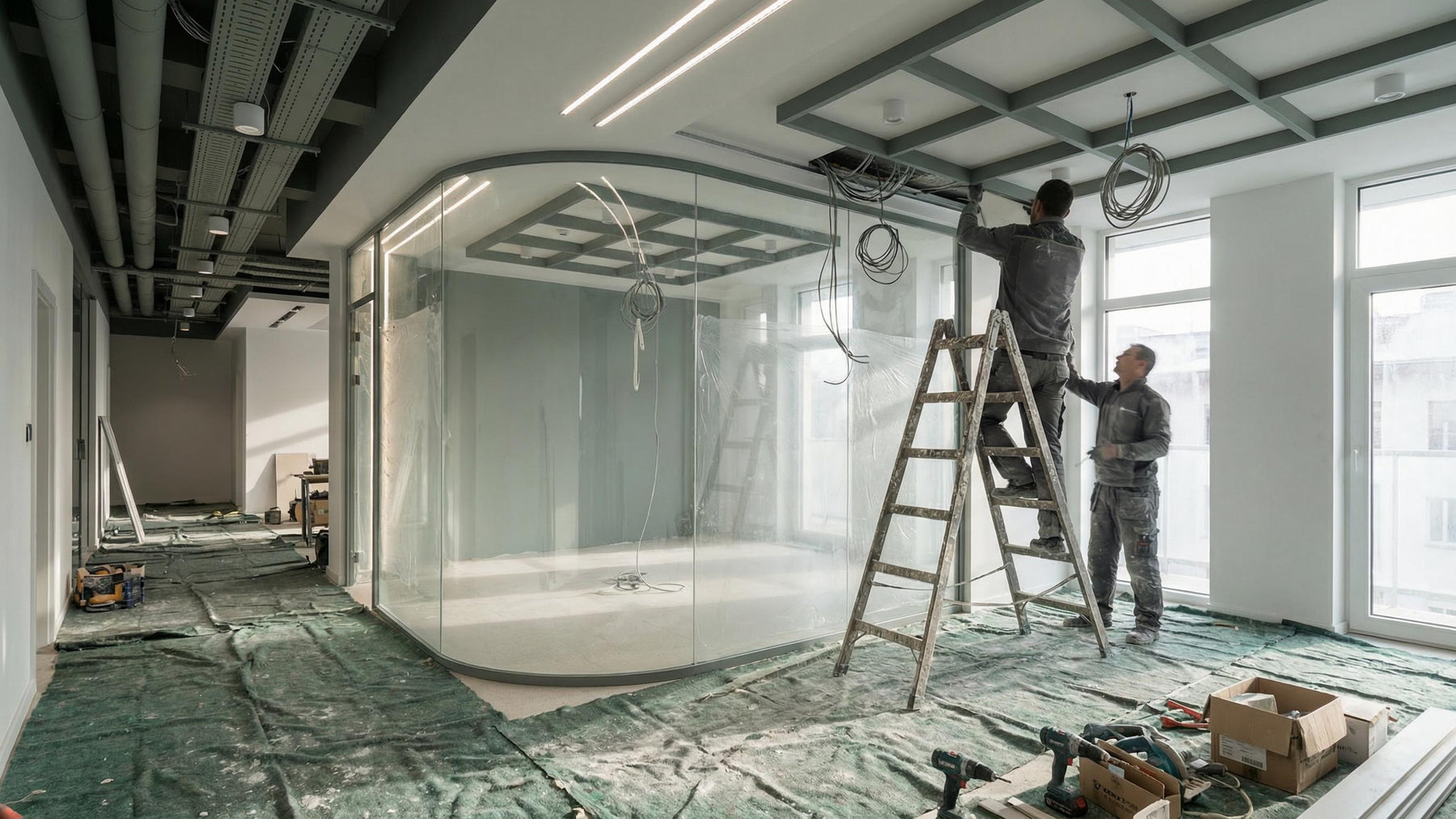 Small meeting room with circular pendant lighting, showing table-centered illumination for compact conference spaces