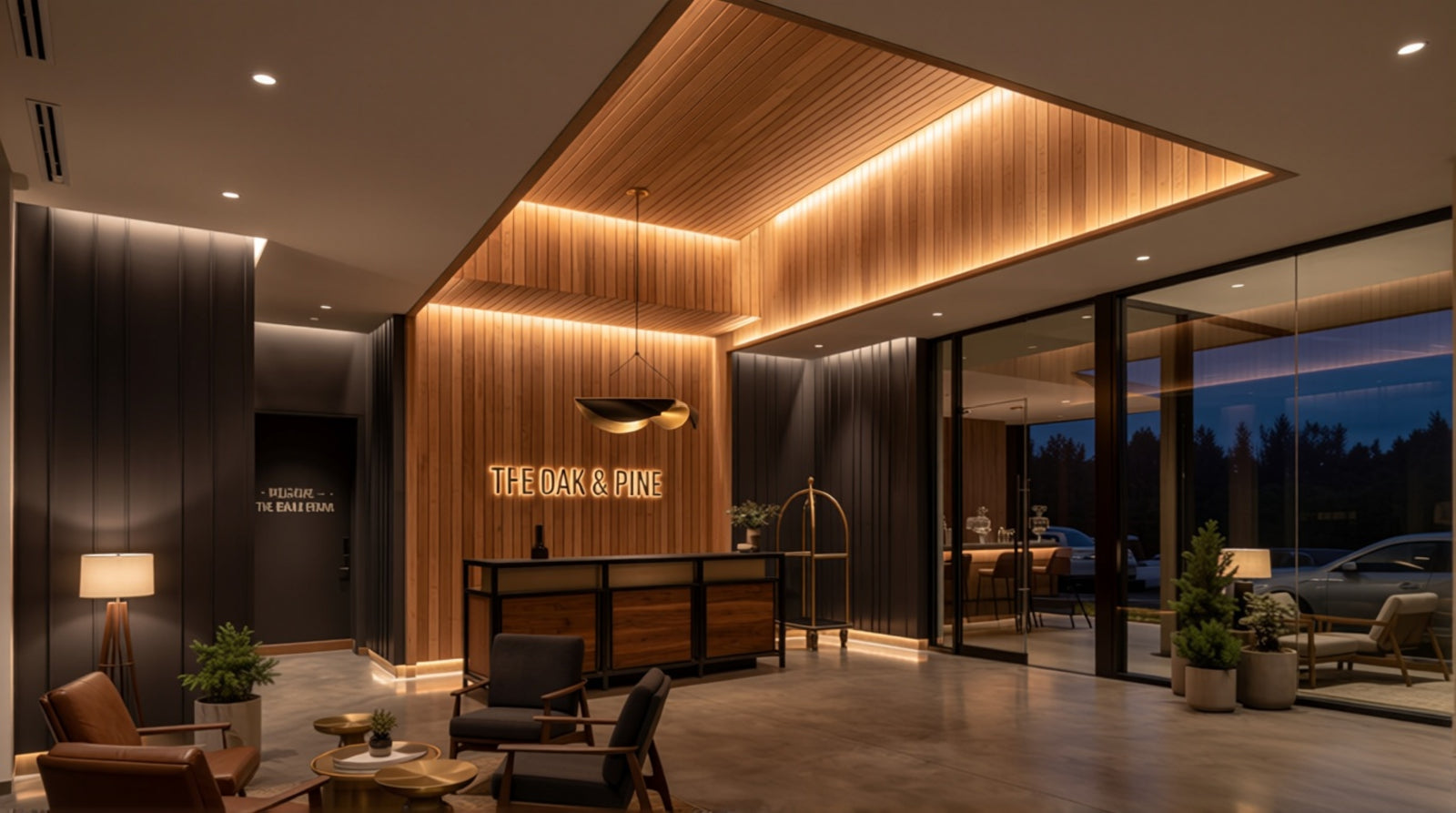 Hotel lobby lighting detail showing decorative fixtures and warm layers for guest seating areas