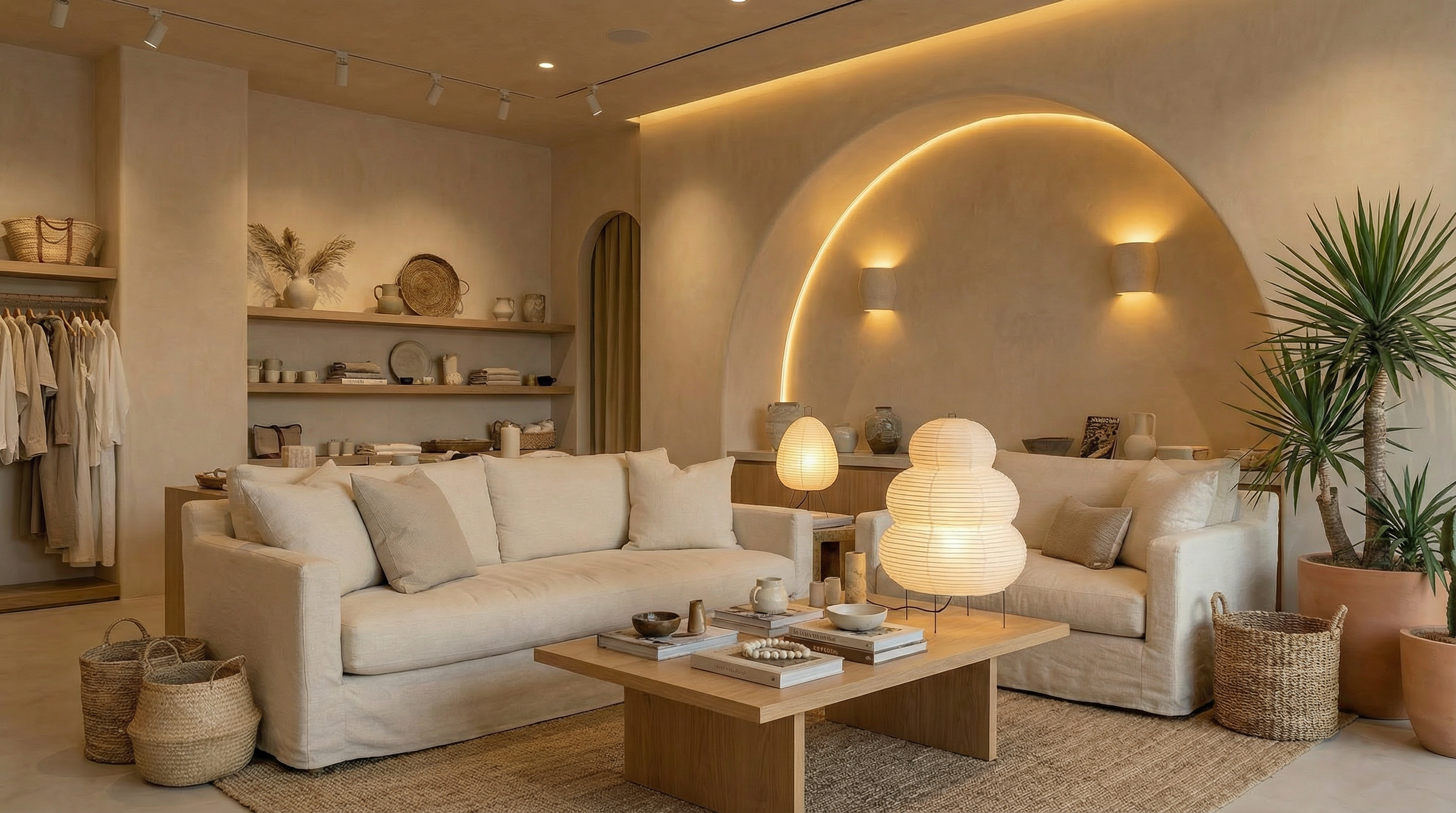 Retail pendant lighting concept image showing fixture scale above product displays and sales floor circulation
