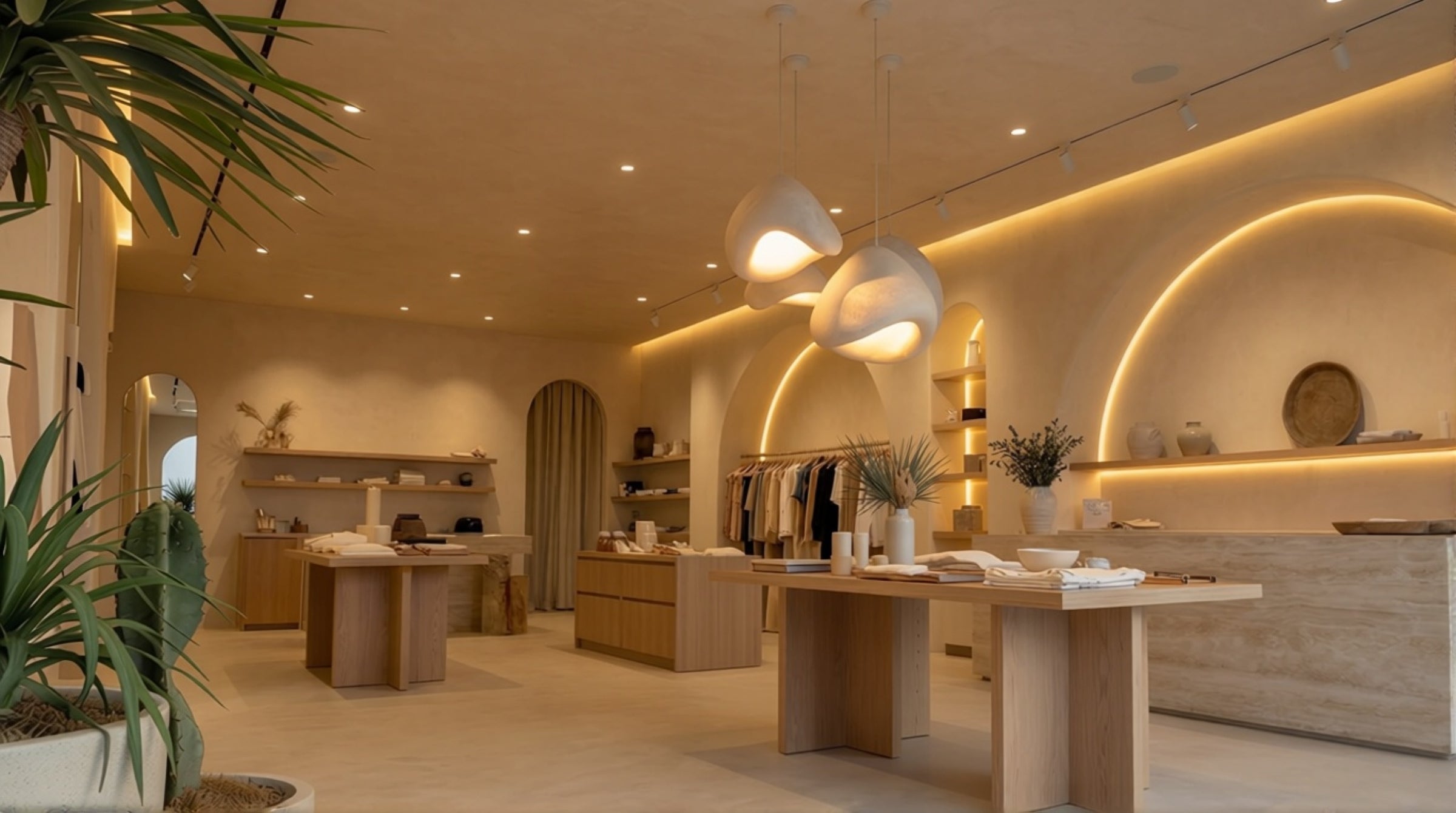 Boutique retail lighting display showing pendant placement for merchandise visibility and customer path definition