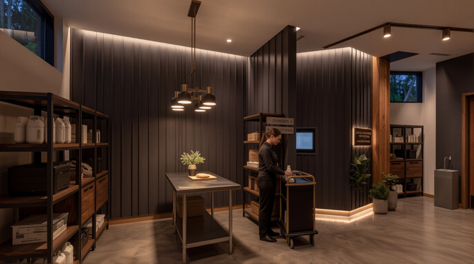 Completed hotel lighting project image showing coordinated exterior and interior glow for guest experience