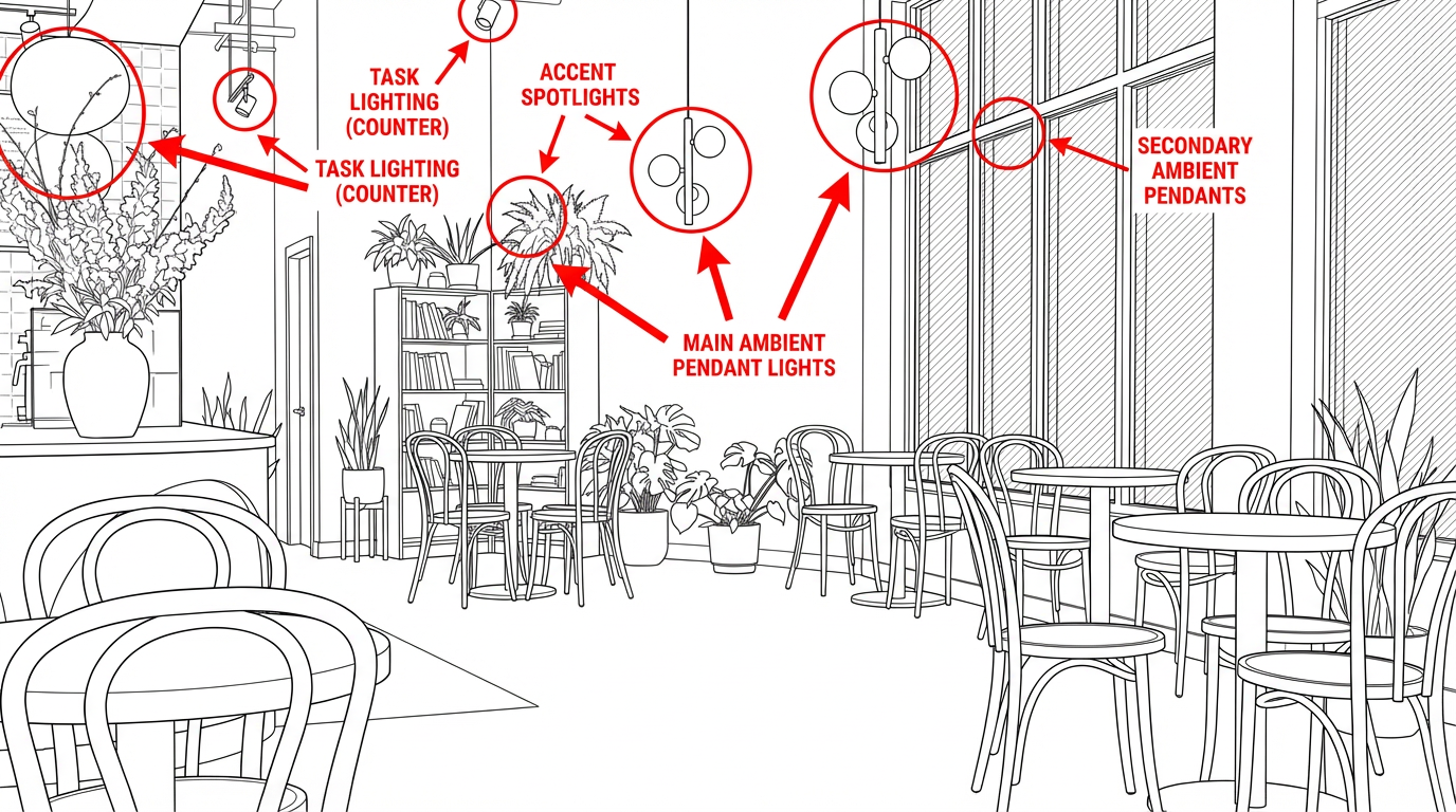 Cafe counter lighting layout with pendant fixtures, showing customer service visibility and counter spacing