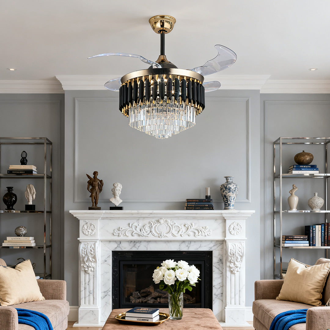 Integrated LED black ceiling fans with light over a white living room with built-in shelves 