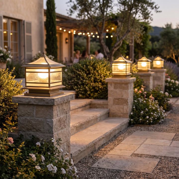 Stone Pillar Solar Lights Retro Copper Waterproof Fence Post Light