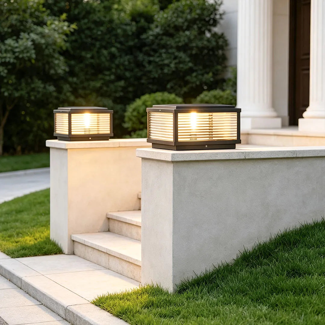 Square Pillar Light Ribbed Glass Outdoor Metal Light
