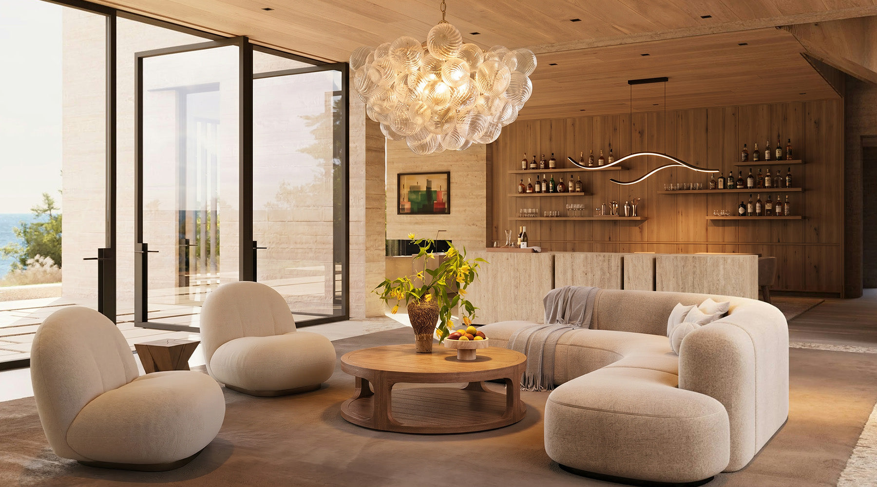 Modern dining room and kitchen with sculptural pendant lights, warm wood finishes, and garden views