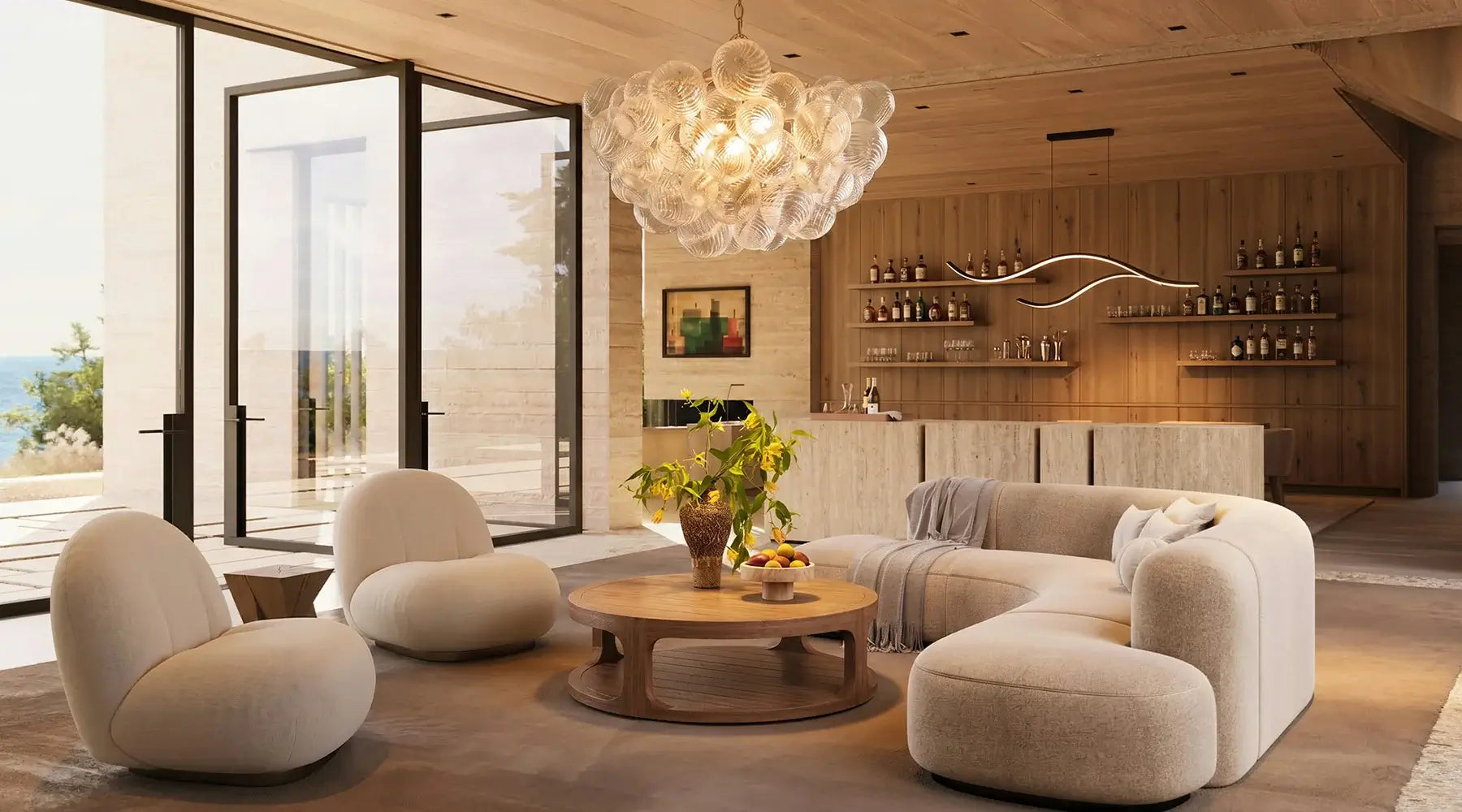 Modern dining room and kitchen with sculptural pendant lights, warm wood finishes, and garden views