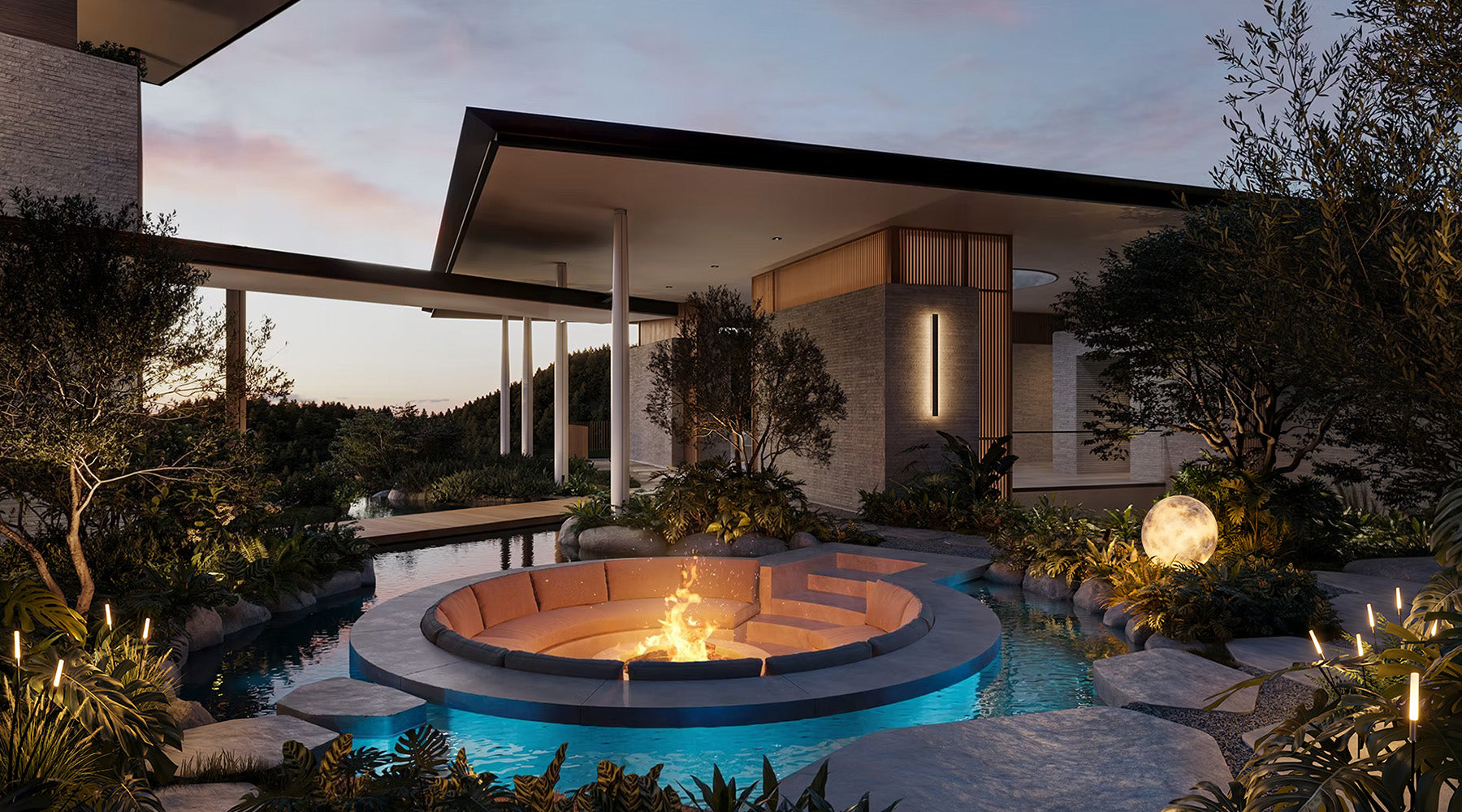 Contemporary house exterior at dusk with illuminated wall lighting, pathway lights, and landscaped garden