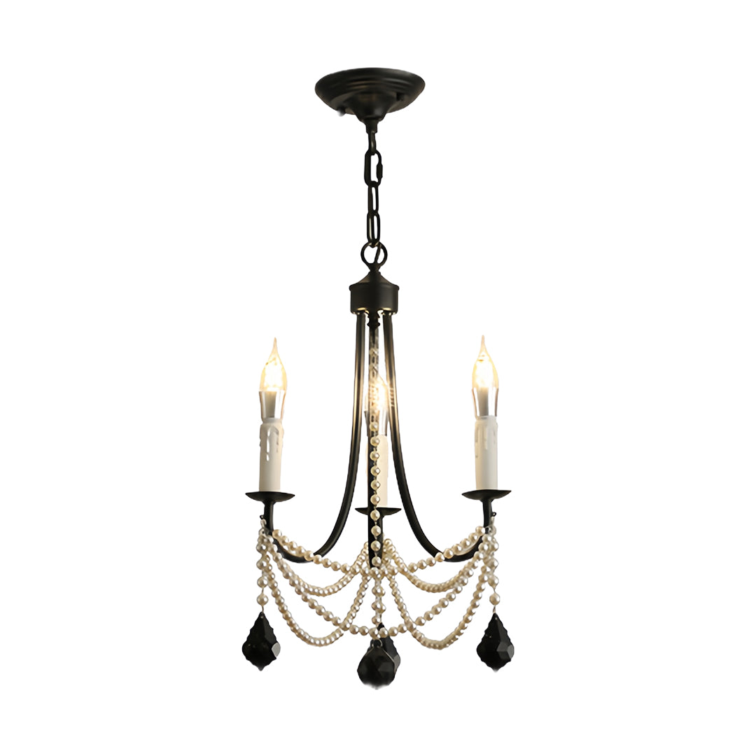 Pearl Chandelier Black Iron Artistic Crystal Ceiling Light