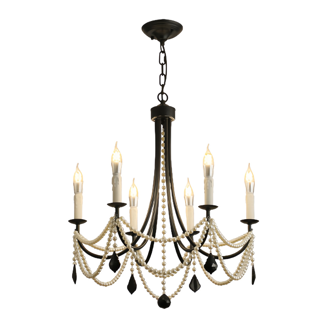 Pearl Chandelier Black Iron Artistic Crystal Ceiling Light